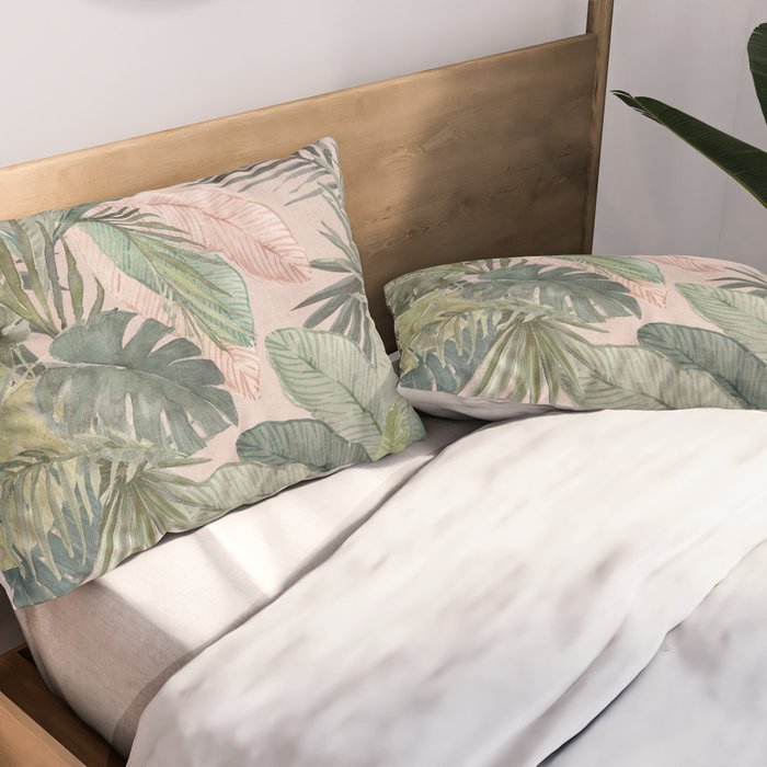 Bali  Pink Jungle Watercolour Palm and Monstera Leaves  Pillow Sham Gallery Image 2