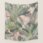 Bali  Pink Jungle Watercolour Palm and Monstera Leaves  Wall Tapestry Gallery Image 4