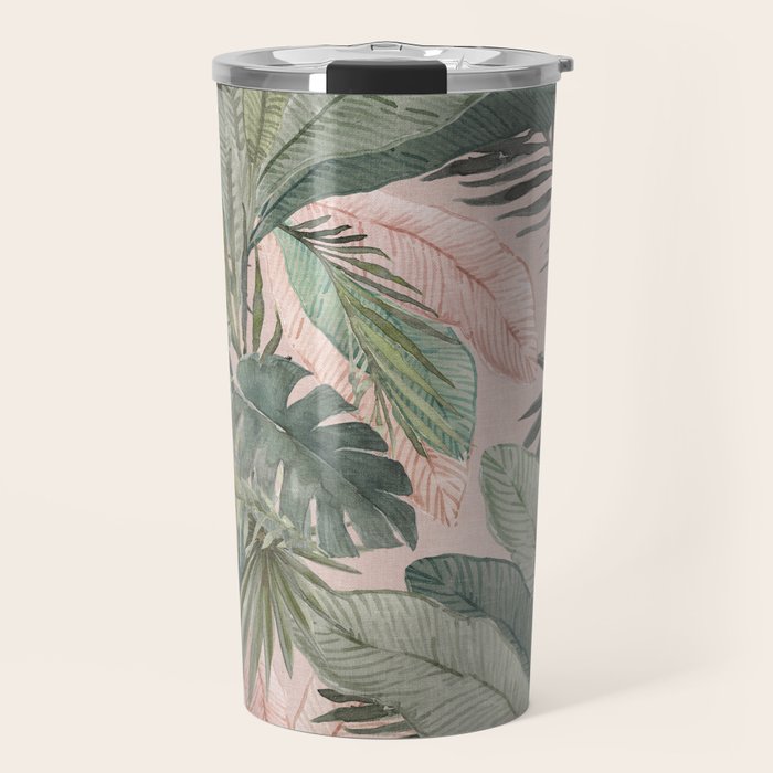 Bali  Pink Jungle Watercolour Palm and Monstera Leaves  Travel Mug Gallery Image 1