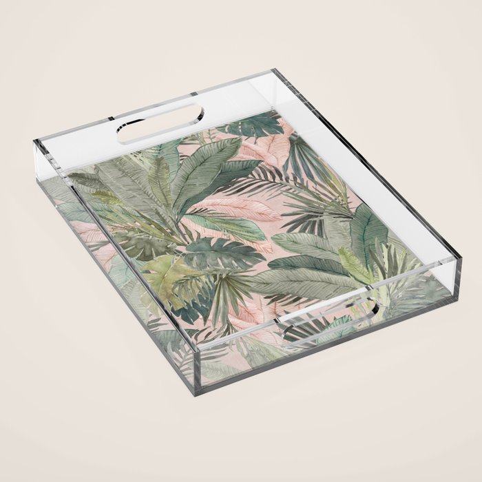 Bali  Pink Jungle Watercolour Palm and Monstera Leaves  Acrylic Tray Gallery Image 1