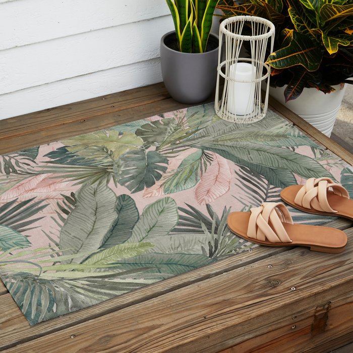 Bali  Pink Jungle Watercolour Palm and Monstera Leaves  Outdoor Rug Gallery Image 2
