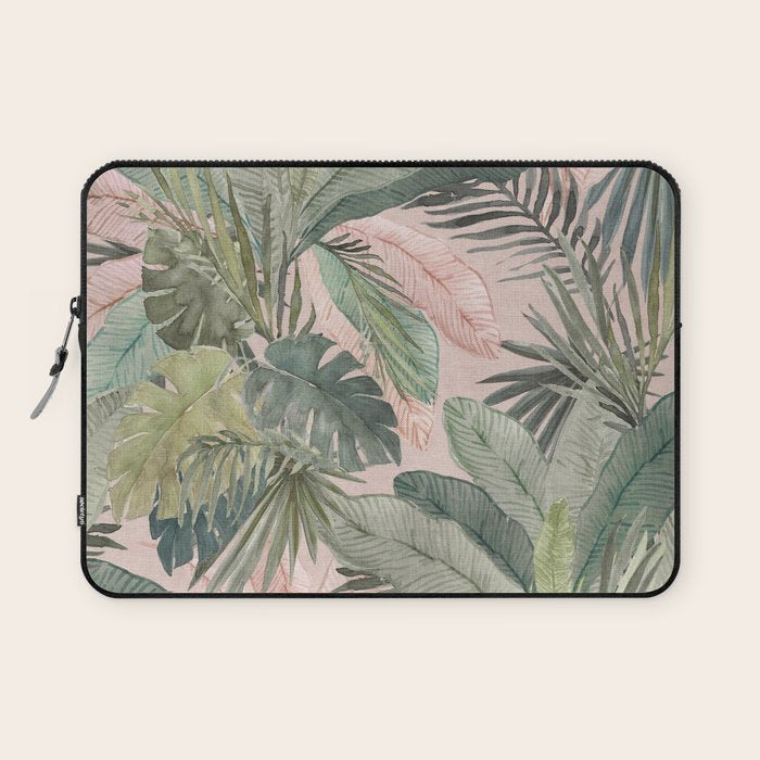 Bali  Pink Jungle Watercolour Palm and Monstera Leaves  Laptop Sleeve Gallery Image 1