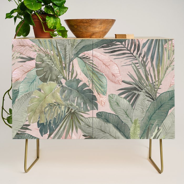 Bali  Pink Jungle Watercolour Palm and Monstera Leaves  Credenza Gallery Image 1