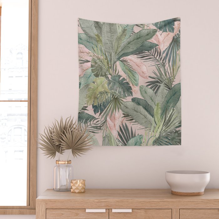 Bali  Pink Jungle Watercolour Palm and Monstera Leaves  Wall Tapestry Gallery Image 2
