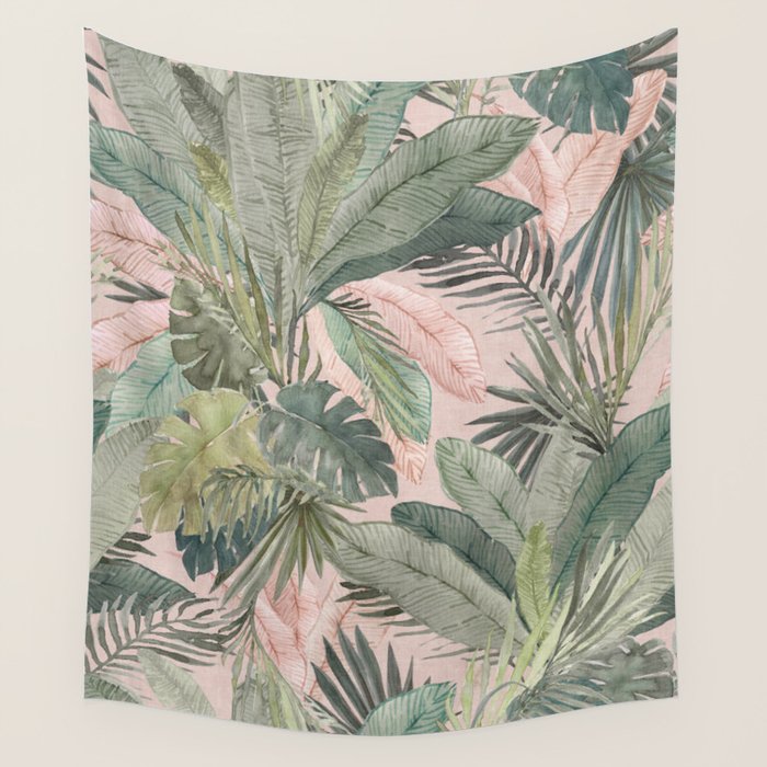 Bali  Pink Jungle Watercolour Palm and Monstera Leaves  Wall Tapestry Gallery Image 1
