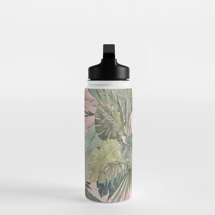 Bali  Pink Jungle Watercolour Palm and Monstera Leaves  Water Bottle Gallery Image 3