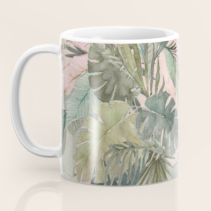 Bali  Pink Jungle Watercolour Palm and Monstera Leaves  Coffee Mug Gallery Image 3