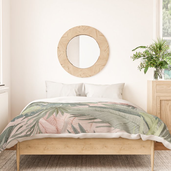 Bali  Pink Jungle Watercolour Palm and Monstera Leaves  Duvet Cover Gallery Image 3