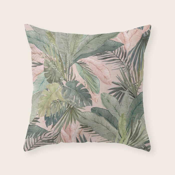 Bali  Pink Jungle Watercolour Palm and Monstera Leaves  Throw Pillow Gallery Image 1