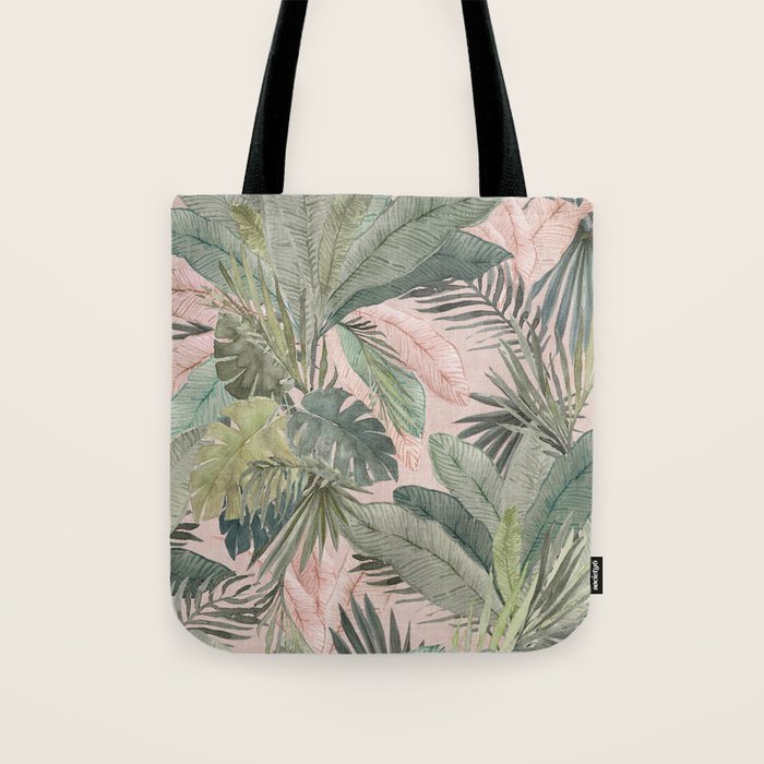 Bali  Pink Jungle Watercolour Palm and Monstera Leaves  Tote Bag Gallery Image 1