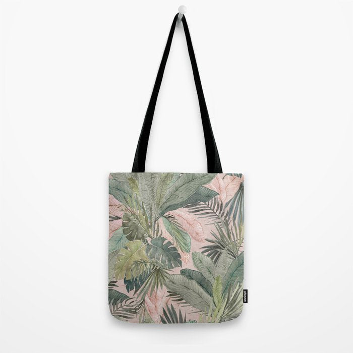 Bali  Pink Jungle Watercolour Palm and Monstera Leaves  Tote Bag Gallery Image 2