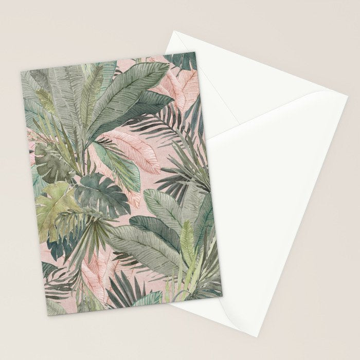 Bali  Pink Jungle Watercolour Palm and Monstera Leaves  Stationery Card Gallery Image 2