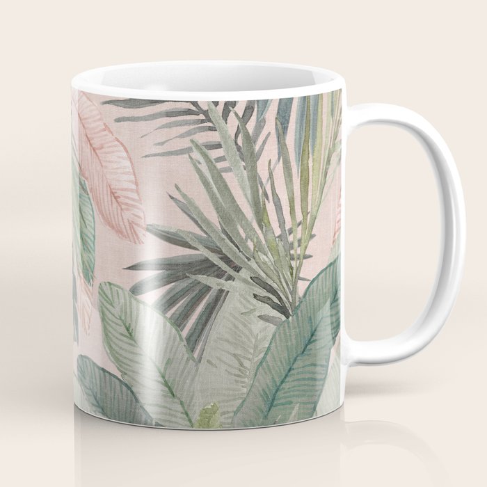 Bali  Pink Jungle Watercolour Palm and Monstera Leaves  Coffee Mug Gallery Image 1