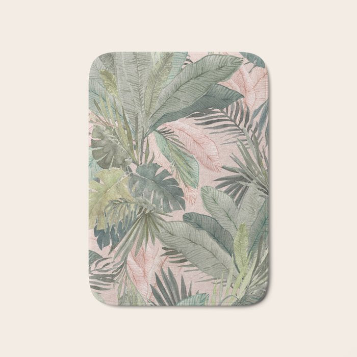 Bali  Pink Jungle Watercolour Palm and Monstera Leaves  Bath Mat Gallery Image 1