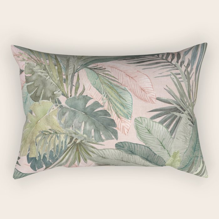 Bali  Pink Jungle Watercolour Palm and Monstera Leaves  Rectangular Pillow Gallery Image 1
