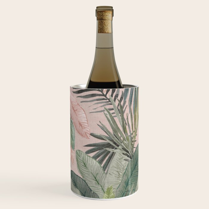 Bali  Pink Jungle Watercolour Palm and Monstera Leaves  Wine Chiller Gallery Image 3