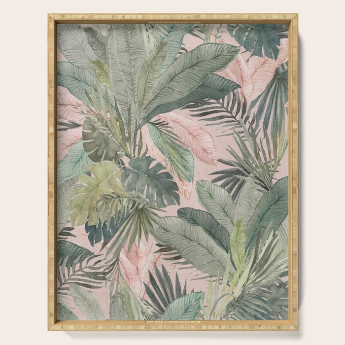 Bali  Pink Jungle Watercolour Palm and Monstera Leaves  Serving Tray Gallery Image 1