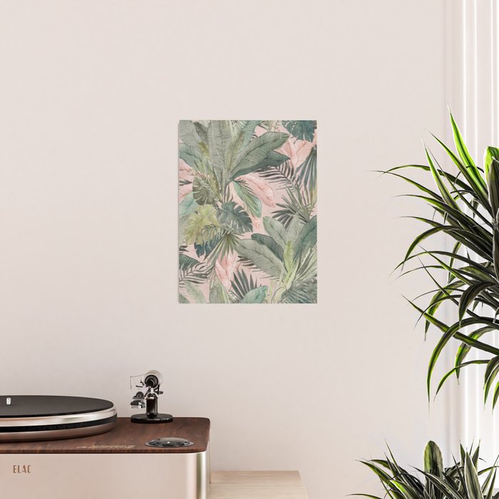Bali  Pink Jungle Watercolour Palm and Monstera Leaves  Poster Gallery Image 2