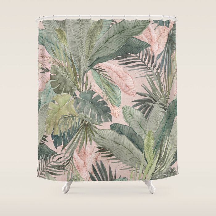 Bali  Pink Jungle Watercolour Palm and Monstera Leaves  Shower Curtain Gallery Image 1