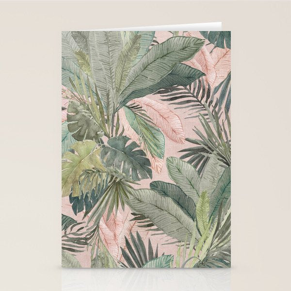 Bali  Pink Jungle Watercolour Palm and Monstera Leaves  Stationery Card Gallery Image 1