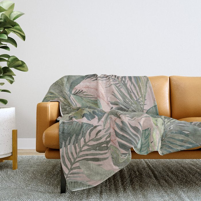 Bali  Pink Jungle Watercolour Palm and Monstera Leaves  Throw Blanket Gallery Image 2