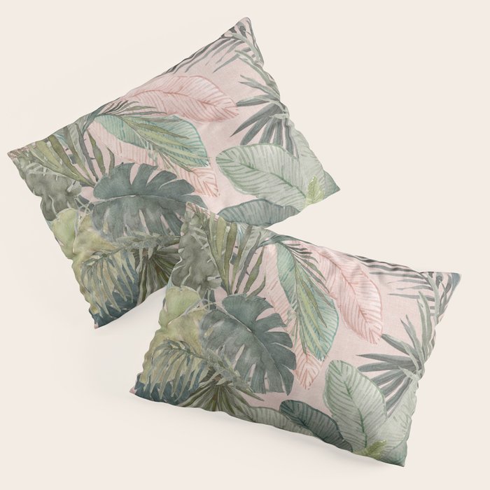 Bali  Pink Jungle Watercolour Palm and Monstera Leaves  Pillow Sham Gallery Image 1