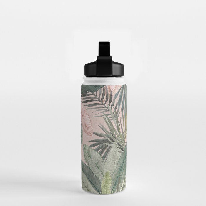 Bali  Pink Jungle Watercolour Palm and Monstera Leaves  Water Bottle Gallery Image 2