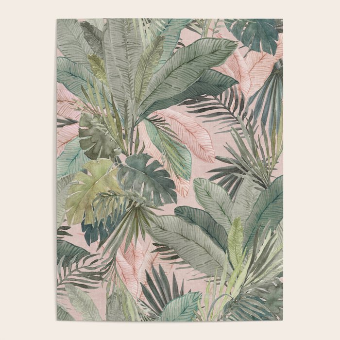 Bali  Pink Jungle Watercolour Palm and Monstera Leaves  Poster Gallery Image 1