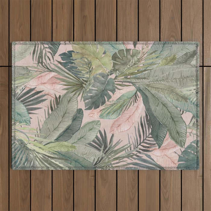 Bali  Pink Jungle Watercolour Palm and Monstera Leaves  Outdoor Rug Gallery Image 1