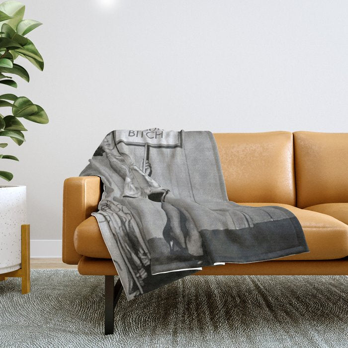 Not Your Bitch, Black and White Vintage Art Throw Blanket Gallery Image 1