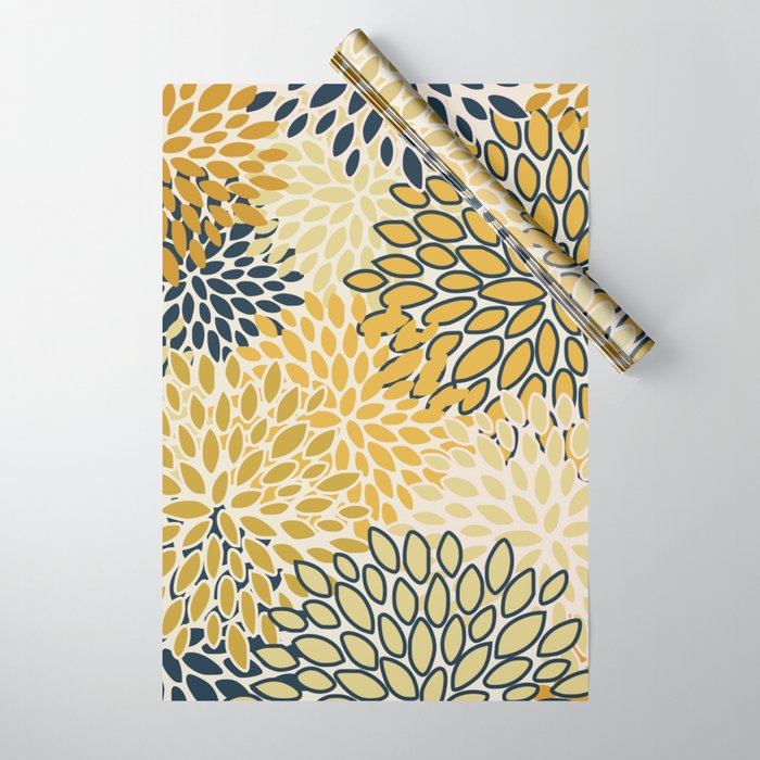 Floral Prints, Abstract Art, Navy Blue and Mustard Yellow, Wrapping Paper Gallery Image 1