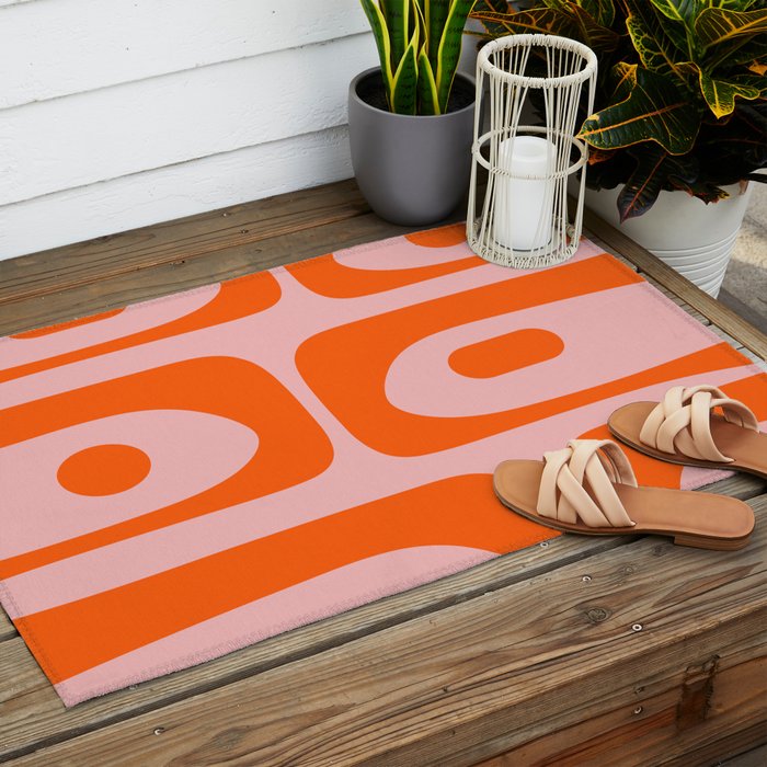 Mid Century Modern Piquet Minimalist Retro Abstract Pattern in Contemporary Orange and Pink Outdoor Rug Gallery Image 2