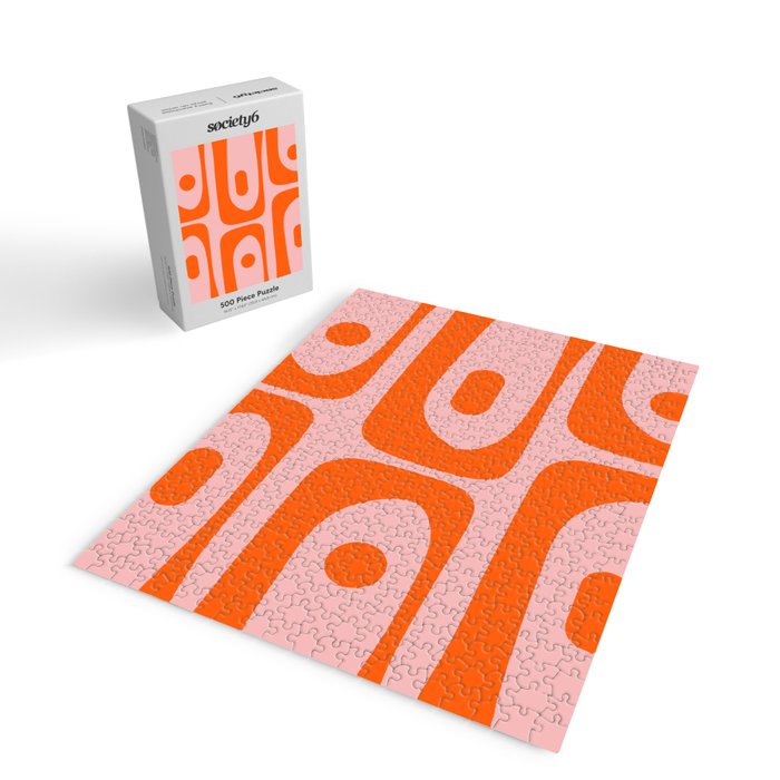 Mid Century Modern Piquet Minimalist Retro Abstract Pattern in Contemporary Orange and Pink Jigsaw Puzzle Gallery Image 2
