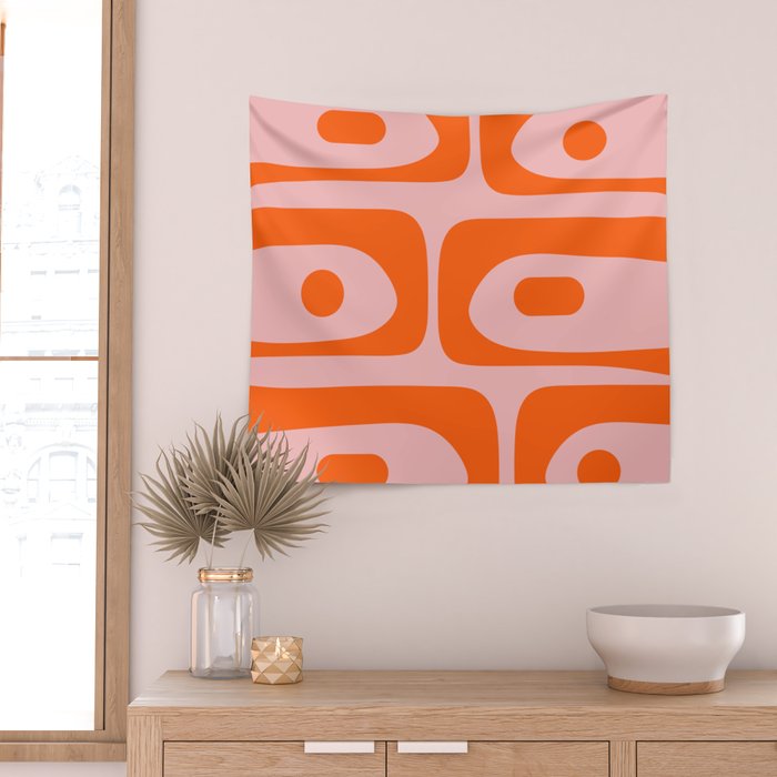 Mid Century Modern Piquet Minimalist Retro Abstract Pattern in Contemporary Orange and Pink Wall Tapestry Gallery Image 2
