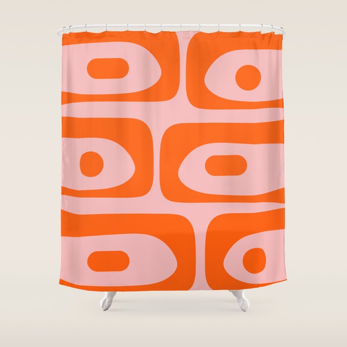 Mid Century Modern Piquet Minimalist Retro Abstract Pattern in Contemporary Orange and Pink Shower Curtain Gallery Image 1