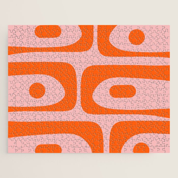 Mid Century Modern Piquet Minimalist Retro Abstract Pattern in Contemporary Orange and Pink Jigsaw Puzzle Gallery Image 1