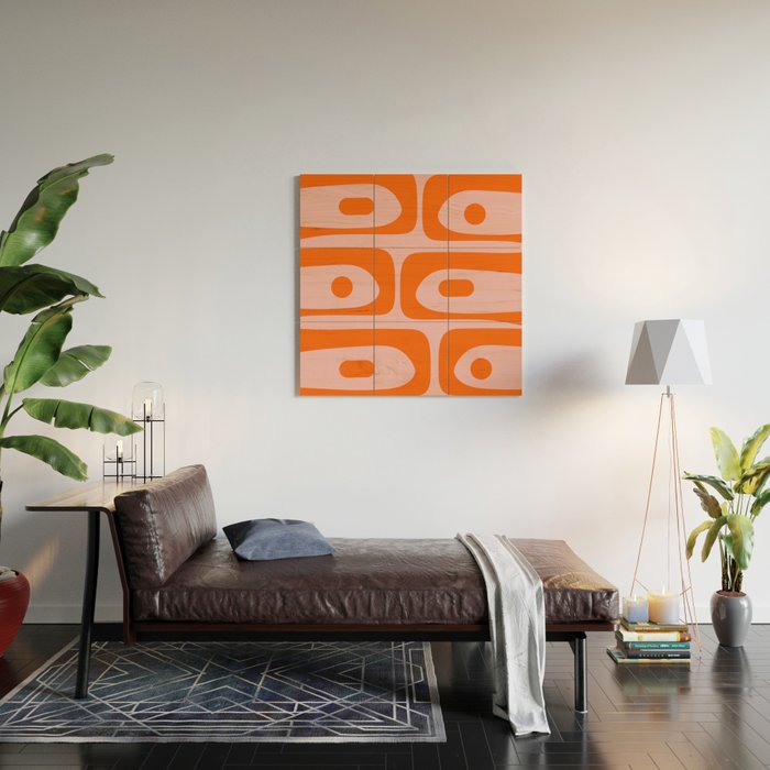 Mid Century Modern Piquet Minimalist Retro Abstract Pattern in Contemporary Orange and Pink Wood Wall Art Gallery Image 2