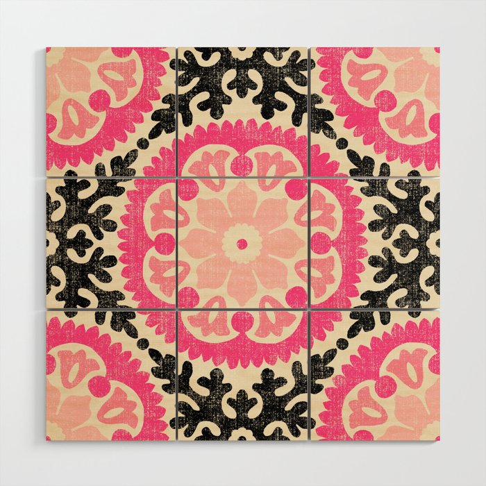 Folk Art Mandala - black, pink, and cream Wood Wall Art Gallery Image 1