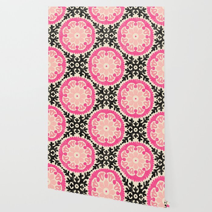 Folk Art Mandala - black, pink, and cream Wallpaper Gallery Image 2