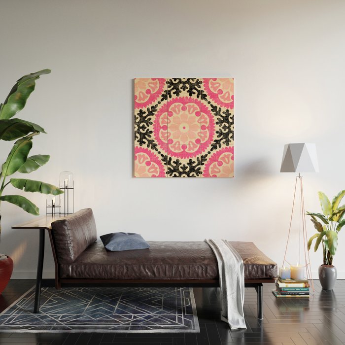 Folk Art Mandala - black, pink, and cream Wood Wall Art Gallery Image 2