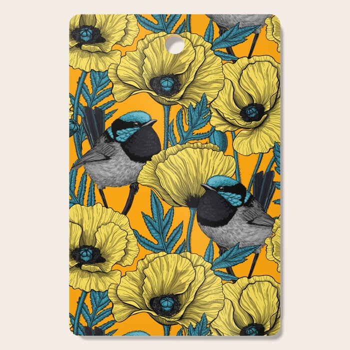 Fairy wren and poppies in yellow Cutting Board Gallery Image 1