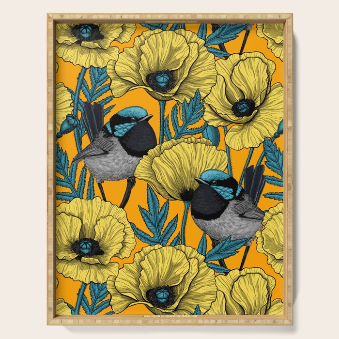 Fairy wren and poppies in yellow Serving Tray Gallery Image 1