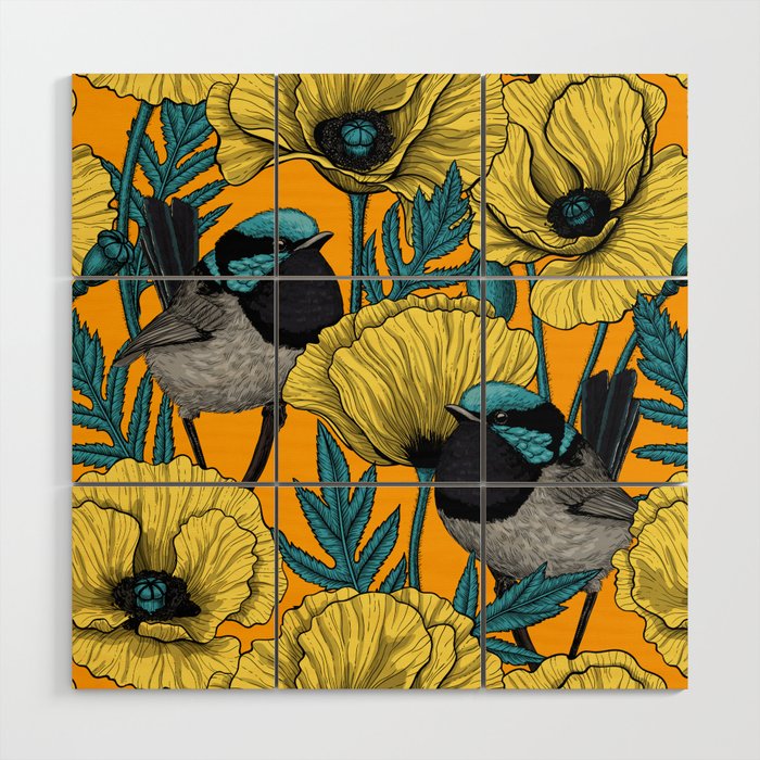 Fairy wren and poppies in yellow Wood Wall Art Gallery Image 1