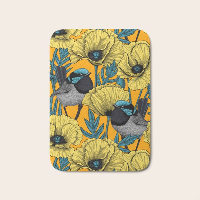 Fairy wren and poppies in yellow Bath Mat Gallery Image 1
