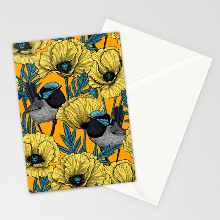 Fairy wren and poppies in yellow Stationery Card Gallery Image 2