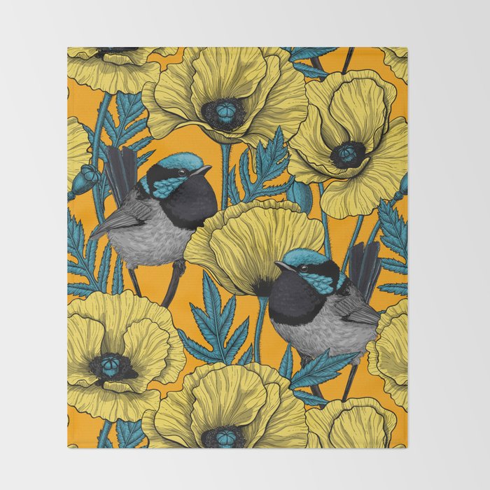 Fairy wren and poppies in yellow Throw Blanket Gallery Image 2