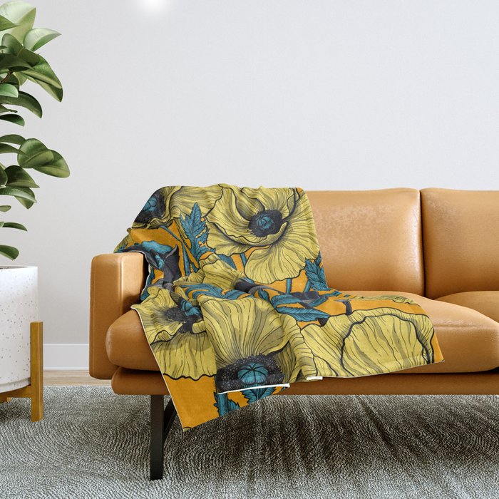 Fairy wren and poppies in yellow Throw Blanket Gallery Image 1