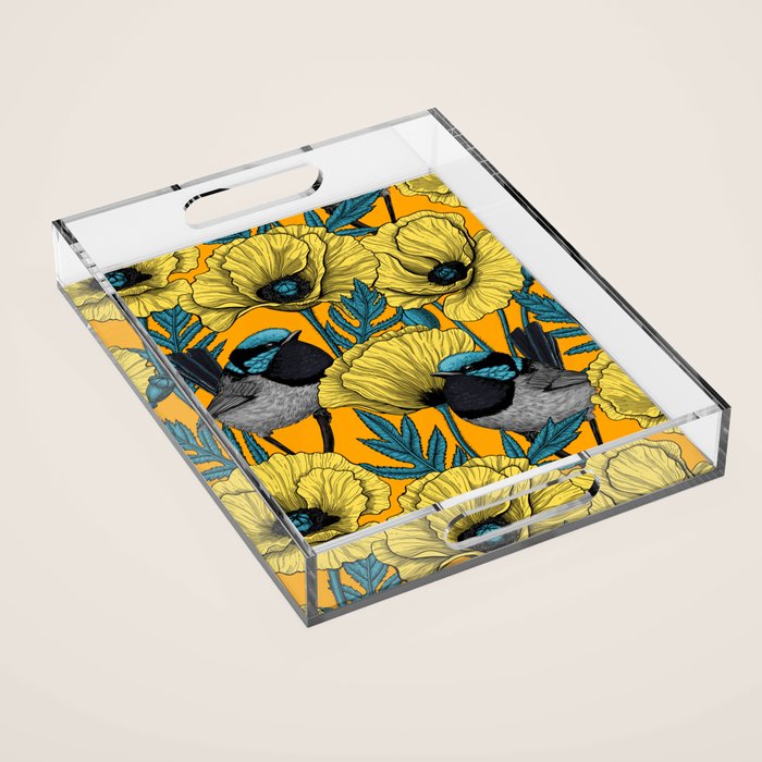 Fairy wren and poppies in yellow Acrylic Tray Gallery Image 1