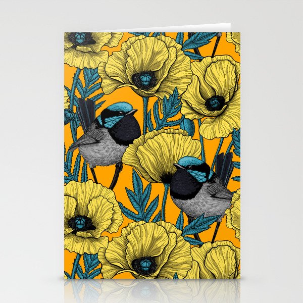 Fairy wren and poppies in yellow Stationery Card Gallery Image 1