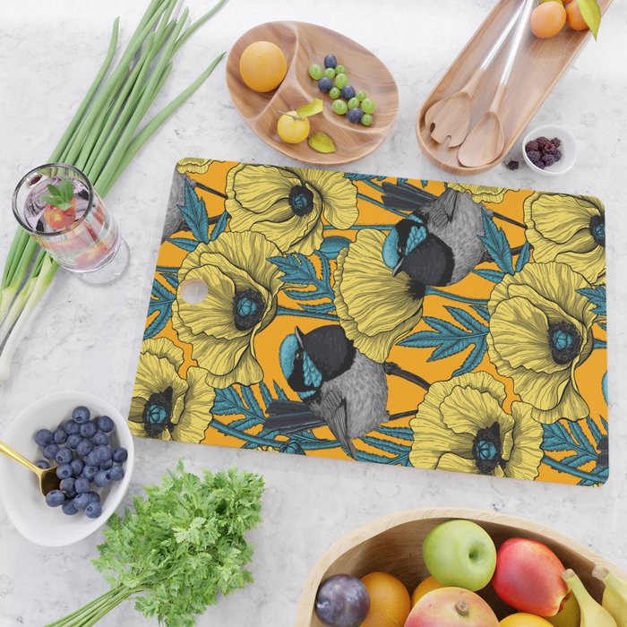 Fairy wren and poppies in yellow Cutting Board Gallery Image 2